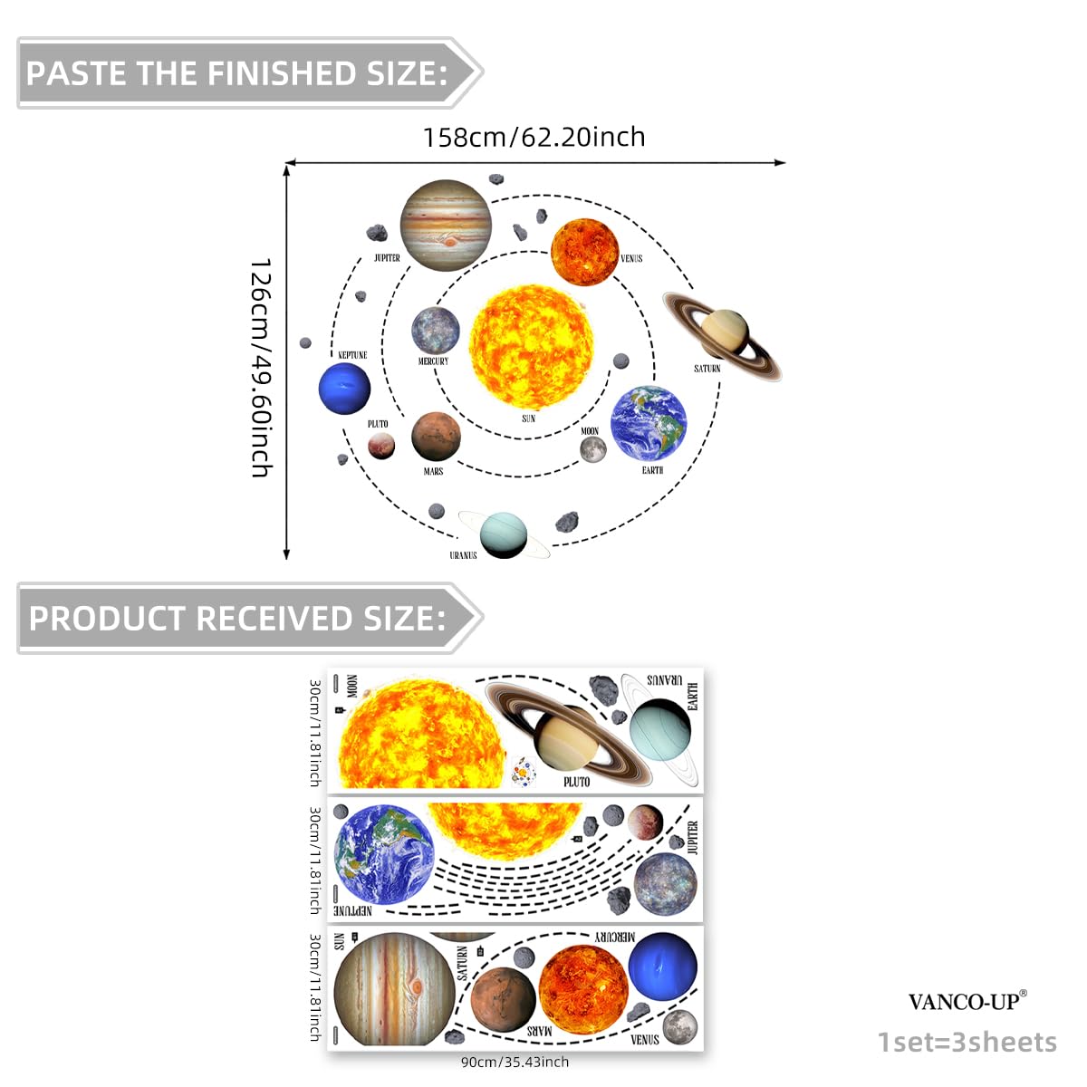 Solar System Wall Stickers Planets with Sun Decals Educational Theme Peel and Stick Astronomy Decals for Kids Room Bedroom Home Decor (Planets)