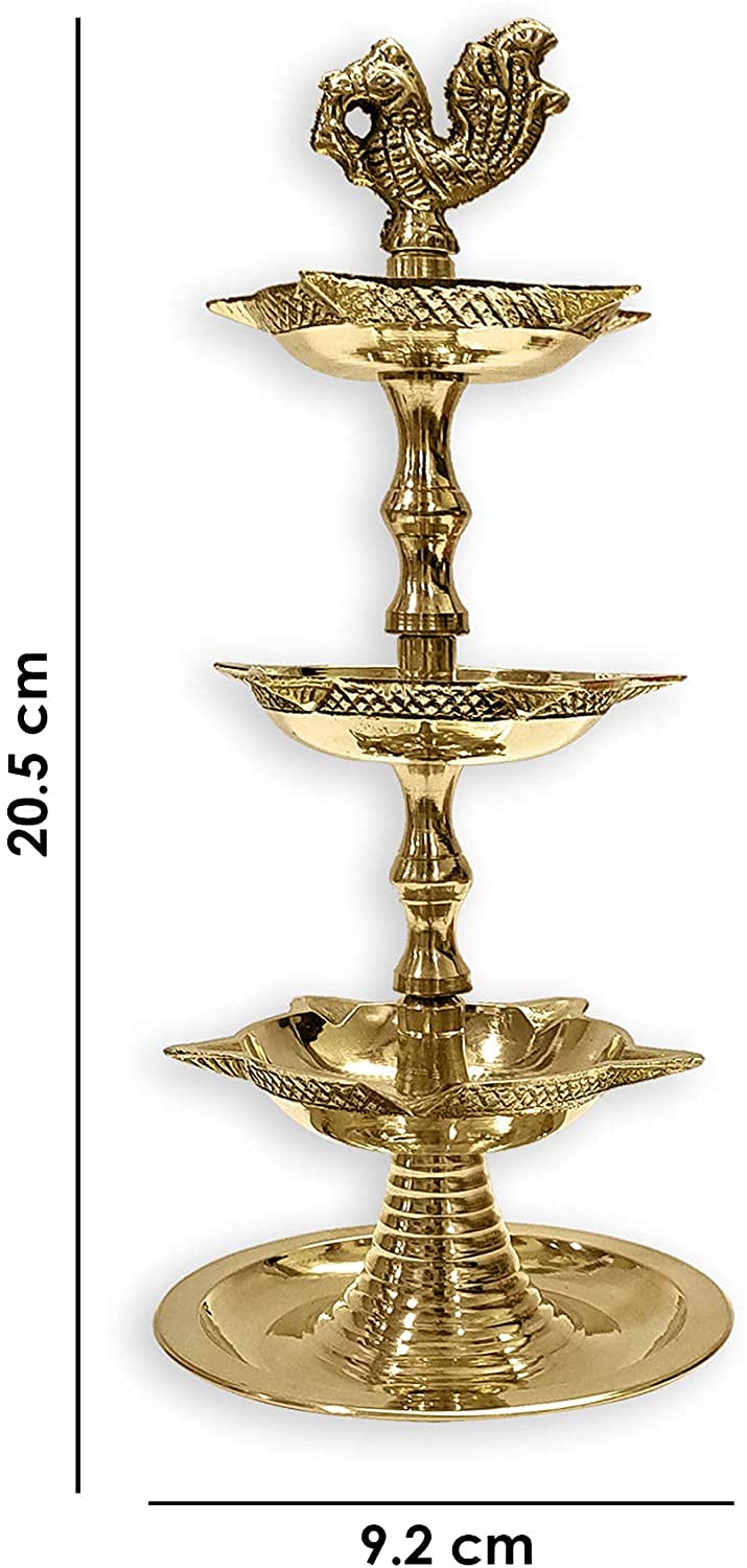 Craftsman Brass Kerala Samai Diya - 3 Step Adjustable Oil Lamp, Peacock Design, Gold, 8.5 inch - Traditional Pooja Deepak for Diwali