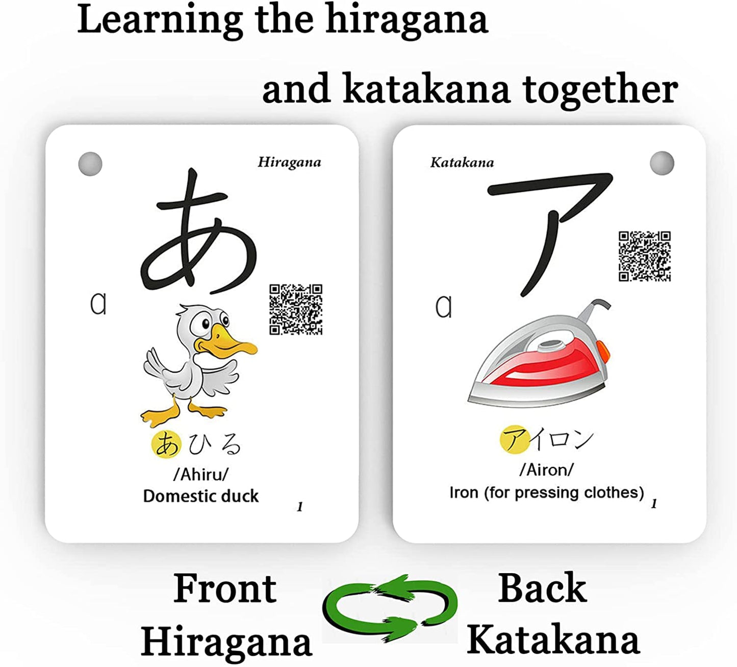 Hiragana and Katakana Alphabet Japanese Flash Cards for Beginners - 104 Katakana & 104 Hiragana Flash Cards with Ring - Easy to Remember and Learning Fast for Kids