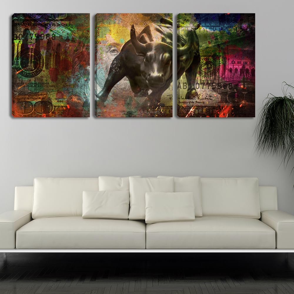 3 Pieces Bull Motivational Wall Art Canvas Poster Print Office Wall Decor Inspirational Entrepreneur Quotes Wall Art Poster Prints Picture Framed Decoration - 36" Wx 16" H