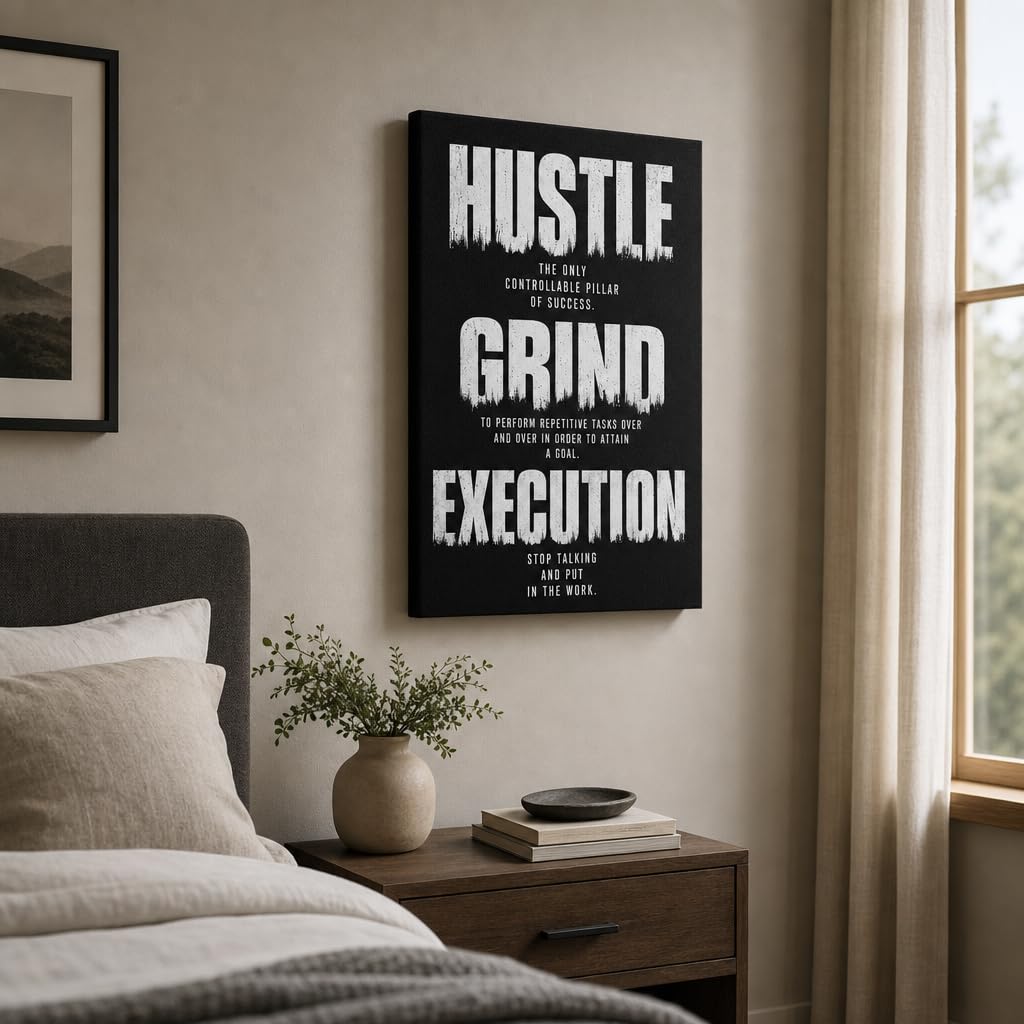 DINGFUN Inspirational Poster for Office Canvas Wall Art, Hustle Grind Execution Quote Print, Black Motivational Decor for Home Office Dorm Gym Classroom, Single Panel Wall Decor 24x18inch