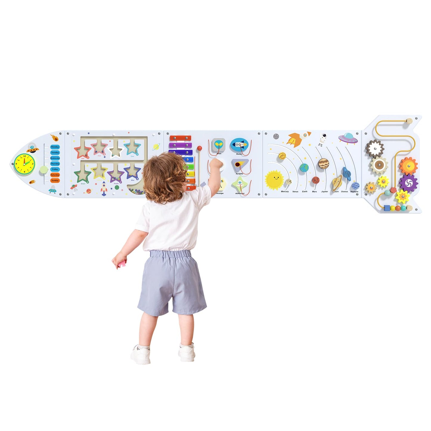 nigwet Rocket Activity Wall Busy Board Panels - Sensory Wall Panel for Kids, Montessori Toddler Wall Activity Board, Wall Toys for Toddlers 3, Activity Cube, Wood Activity Boards, White Grey