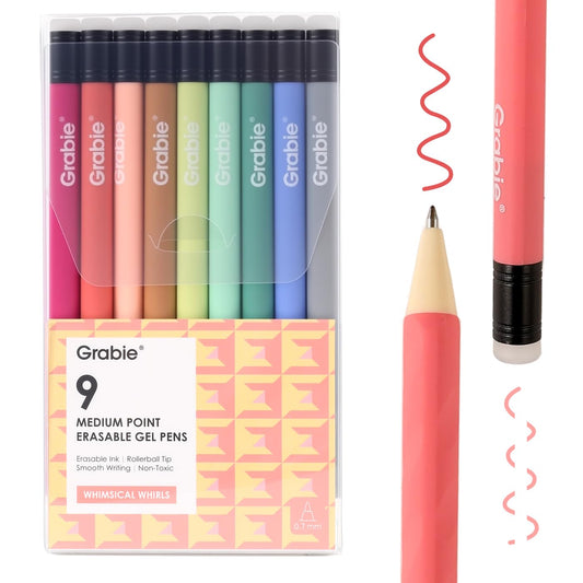 Grabie Erasable Gel Pens, Medium Point 0.7 mm Erasable Pens, Make Mistakes Disappear for Drawing Writing Planner, Pack of 9 Assorted Colors(Whimsical Whirls)