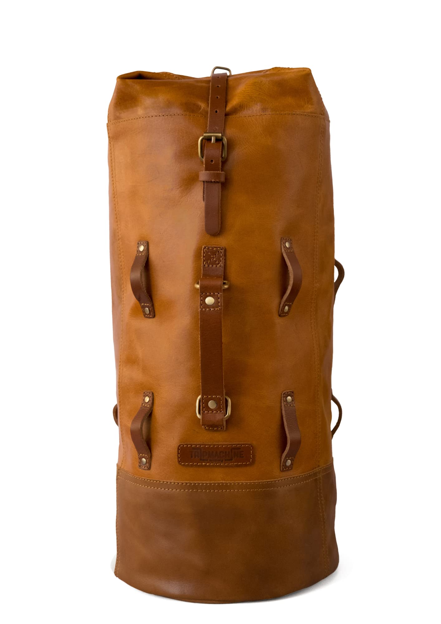 Trip Machine Company Full Grain Leather Military Inspired Motorcycle Duffel Bag 24L Saddlebag Weekender with Shoulder Strap, Mounting Straps & Rain Cover (Vintage Tan)