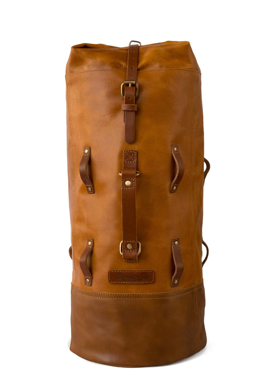 Trip Machine Company Full Grain Leather Military Inspired Motorcycle Duffel Bag 24L Saddlebag Weekender with Shoulder Strap, Mounting Straps & Rain Cover (Vintage Tan)