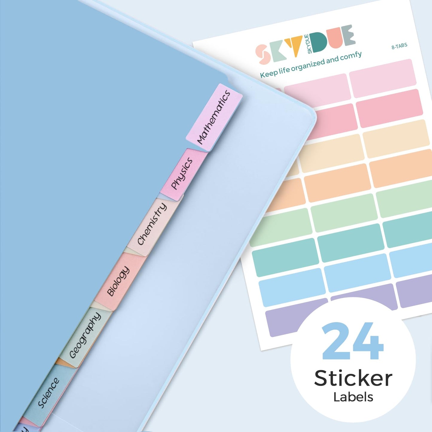 SKYDUE 1 Inch 3 Ring Binder with 8 Tab Dividers & 24 Labels, Pastel Binder Organizer for Letter Size Paper, Aesthetic School Binder for Notes, Documents, Office & Home Organization, Blue