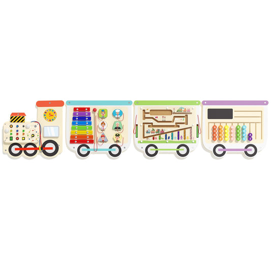 Montessori Sensory Board - Electric Train Wooden Wall Busy Board, Toddler Learning Panel Wall-Mounted, Interactive Playroom Activity Gifts for Kid, Educational Toys for 3-6 Years (Colorful Train)