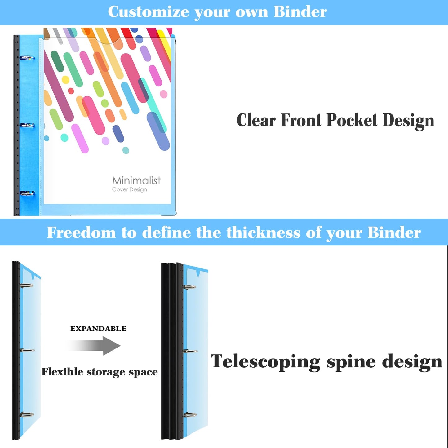 INFUN 1 Inch Telescoping Project Organizer Binder-2PCS,13 Pocket, Customizable Front Cover, 5 Colors Pocket Divider and Plastic Binder Pocket，225 Sheet Capacity-Blue
