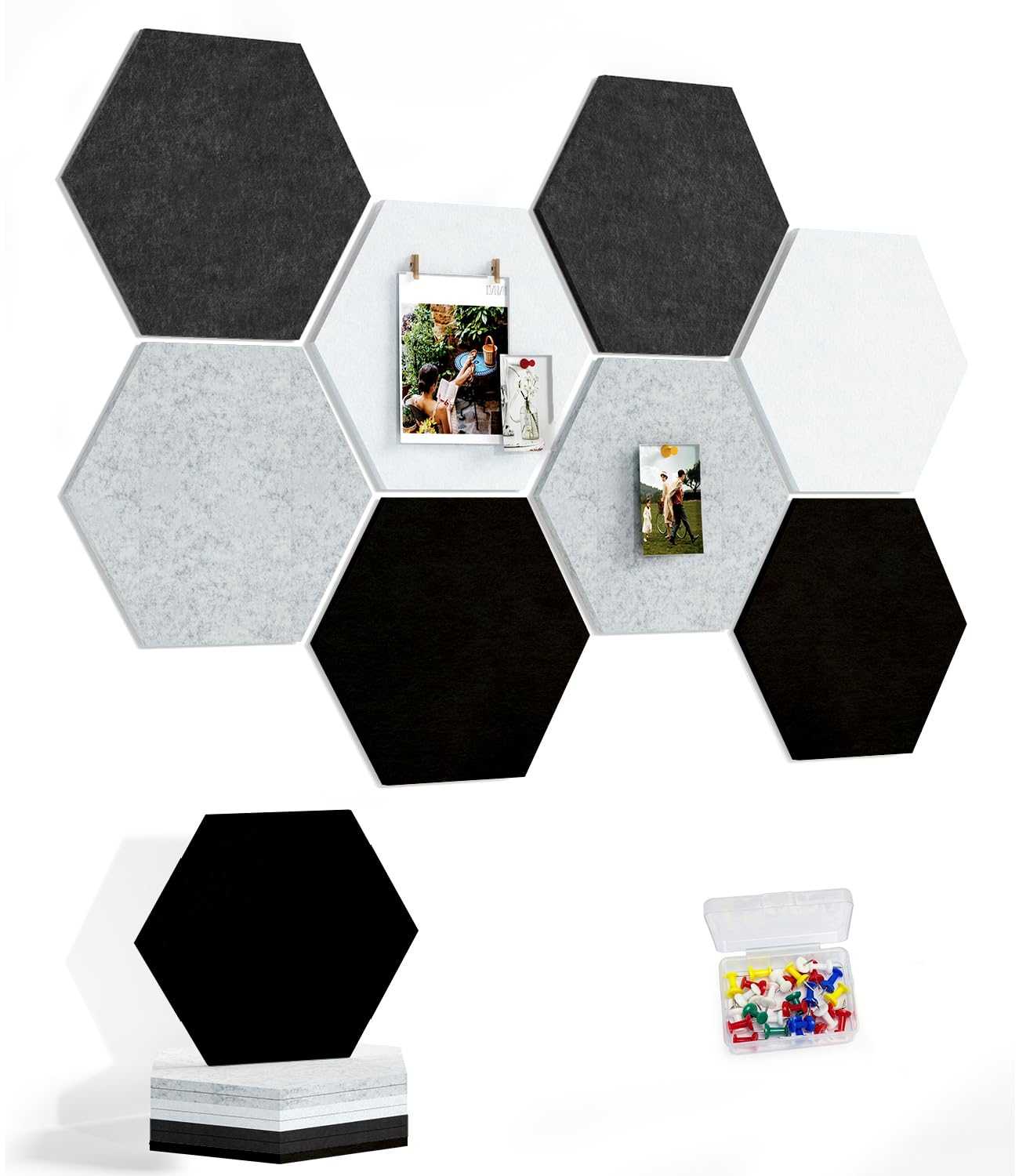 Uoisaiko 8 Pack Hexagon Felt Bulletin Board Tiles - 12" Large Thick Pin Board for Walls with 30 Push Pins, DIY Boards for Office Home School Decor, Aesthetic Hex Cork Board Alternative