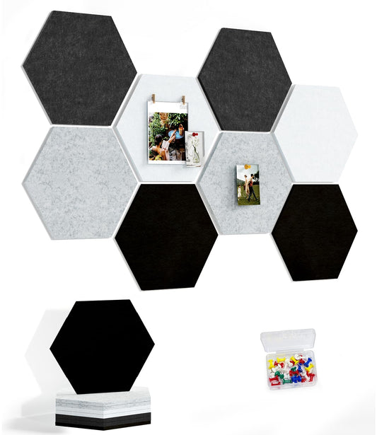 Uoisaiko 8 Pack Hexagon Felt Bulletin Board Tiles - 12" Large Thick Pin Board for Walls with 30 Push Pins, DIY Boards for Office Home School Decor, Aesthetic Hex Cork Board Alternative