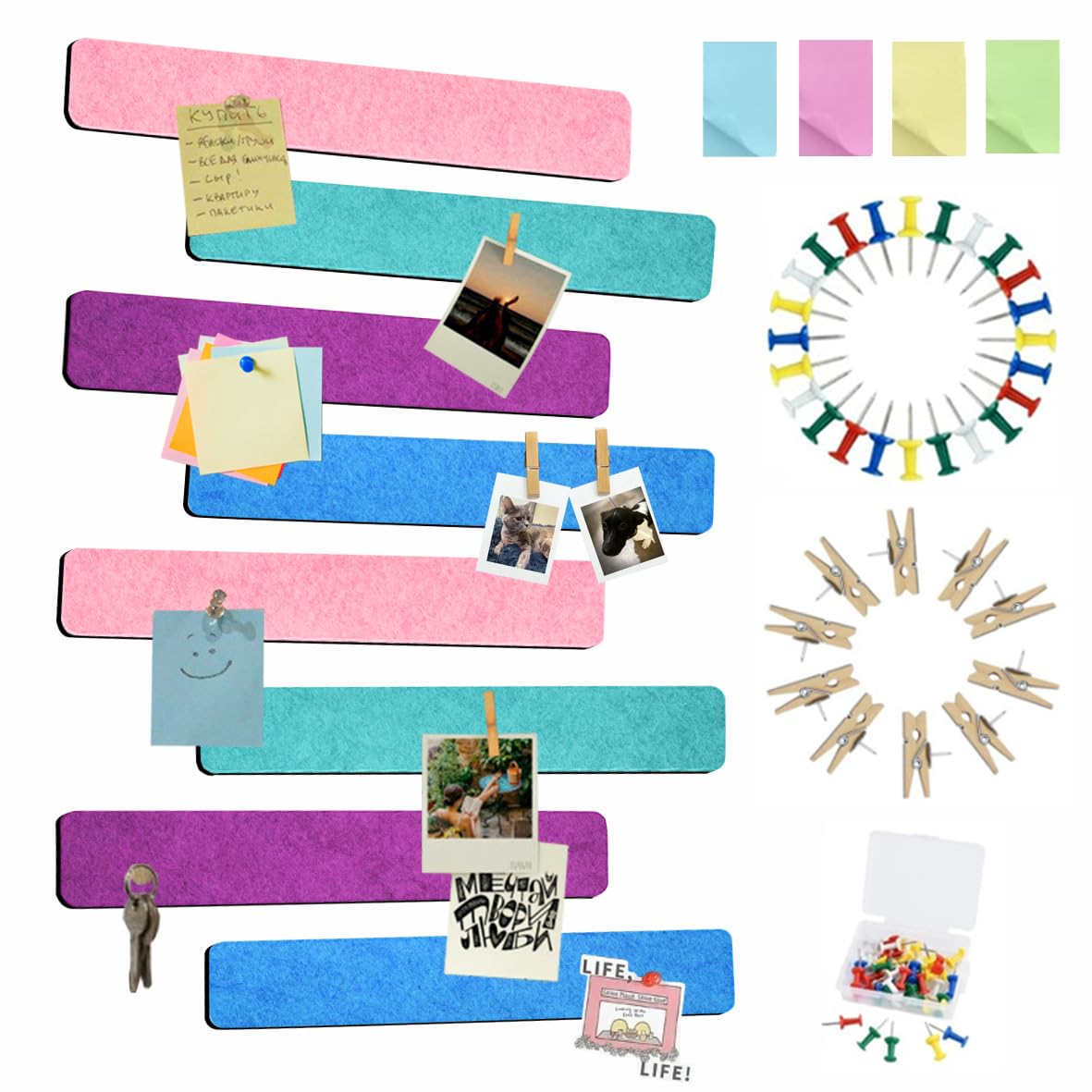 Vuzvuv 8 pcs Bulletin Board Bar Strips with 50 Pushpins & 10 Wooden Clip pins，Self Adhesive Cork Board for Wall，Felt Pin Board for School，Office Decor(Green Blue Pink Purple)