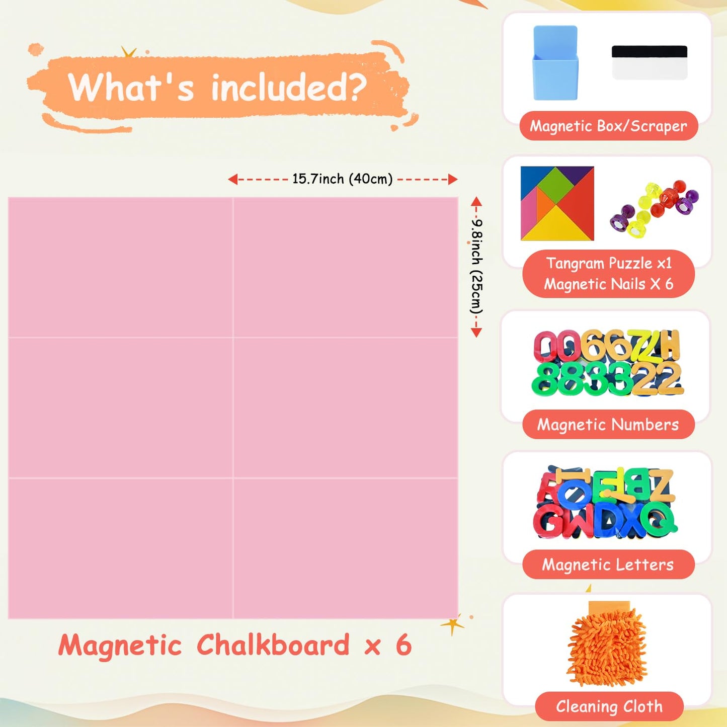 OMKSIH Magnetic Chalkboard Wall Decal Pink Set of 6 Peel and Stick Magnet Sheets with Chalk Tangram Puzzle and Multiple Accessories Magnetic Chalk Boardfor Home Playroom and Classroom