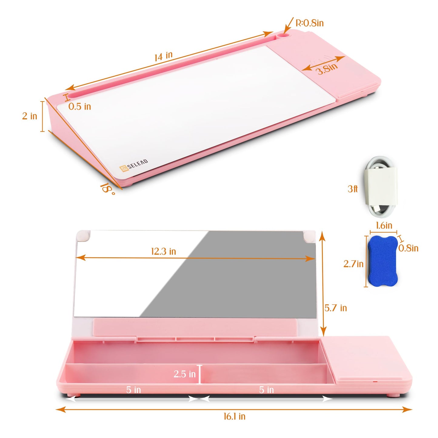 SELEAD Desktop Glass Whiteboard with Wireless Charger Station and Mirror, Desk Dry Erase Board Computer Pad Keyboard Stand with Organizer for Home, School, Office Accessories for Women, Pink