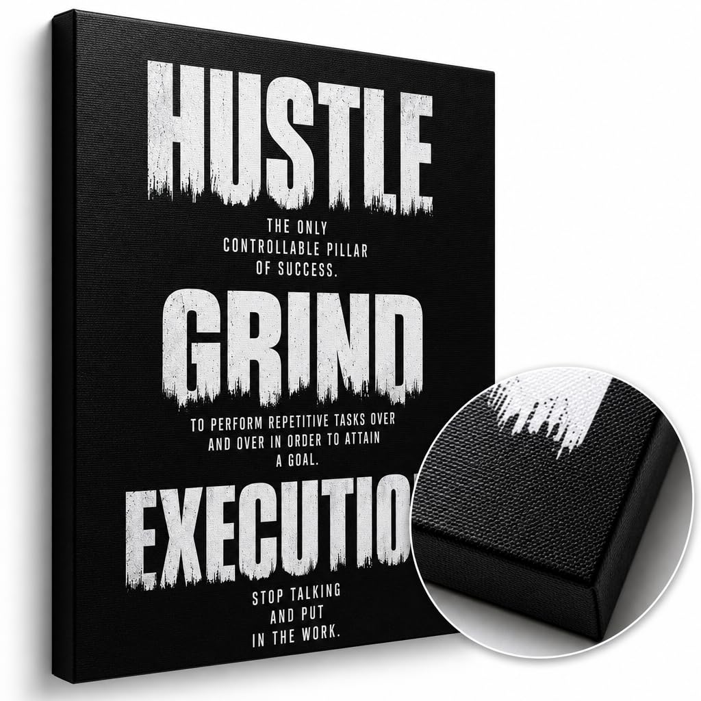 DINGFUN Inspirational Poster for Office Canvas Wall Art, Hustle Grind Execution Quote Print, Black Motivational Decor for Home Office Dorm Gym Classroom, Single Panel Wall Decor 24x18inch