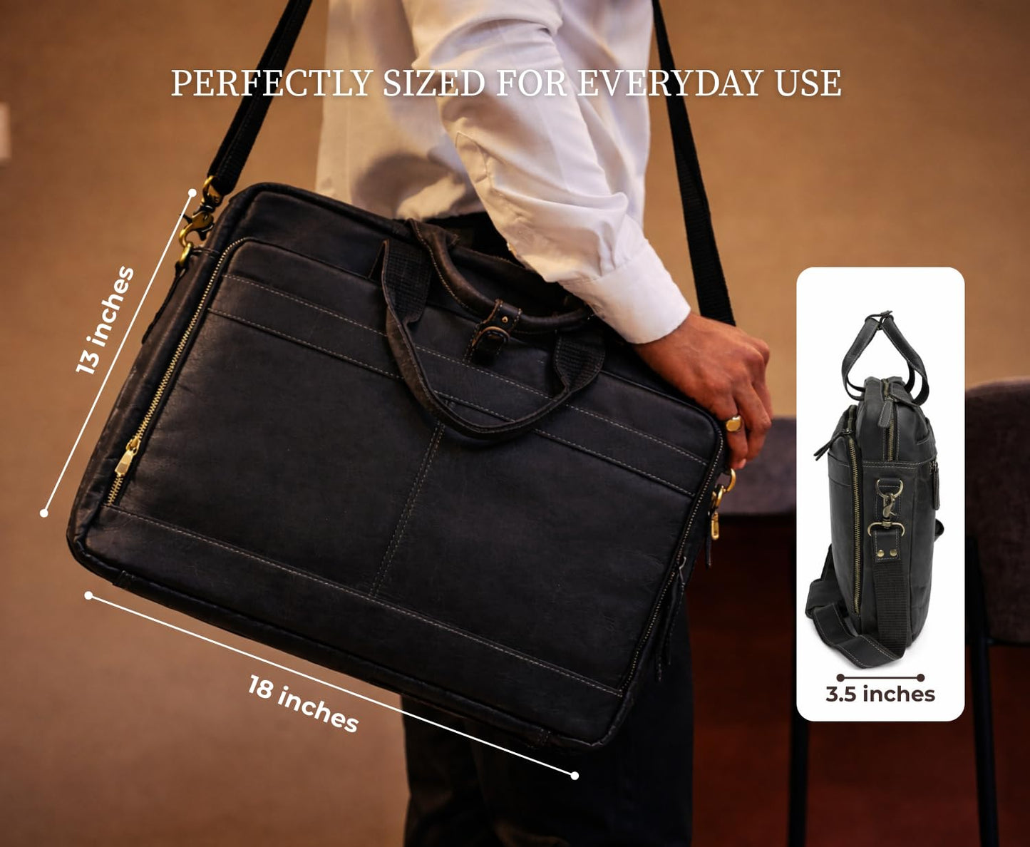 NomadCraftsCo. Black Leather Messenger Bag for Men, Genuine Leather Briefcase, 18 Inch Work Satchel for Office, Travel, and Business Use
