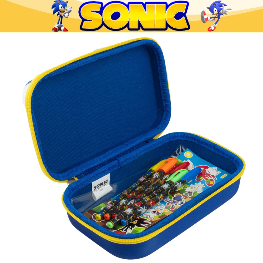 Innovative Designs Sonic the Hedgehog Pencil Case Set with Stickers and Gel Pens for Kids, Molded with Zip Closure, Blue