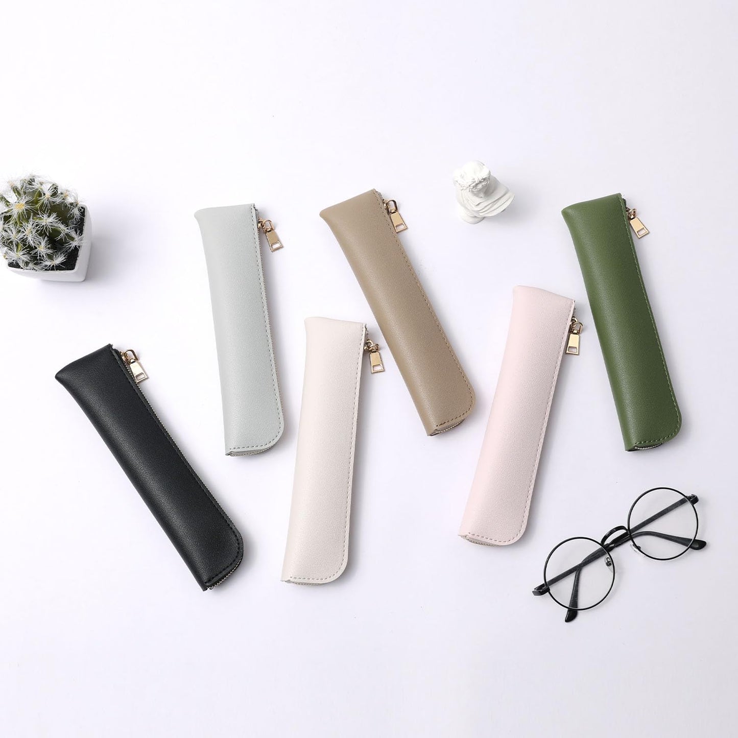 YONBEN Faux Leather Pencil Case Small Pencil Pouch Slim Pen Case Holder Zipper Bag for School Office(Beige,Faux Leather)