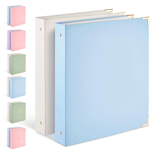 Sooez 2 Pack 3 Ring Binder with Metal Corners, Cute 1 Inch Binders Fits 175 Sheets of Paperwork, Three Ring Recipe Binder with Pocket for Women School Office Supplies, 8.5" x 11", Light Blue & Beige