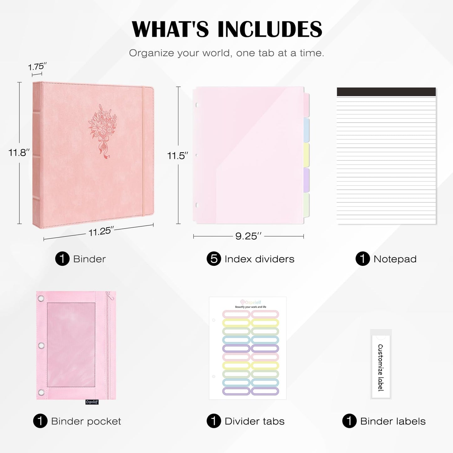 Ospelelf Leather 3 Ring Binder for Letter Size Documents with PVC Pocketed Dividers, Storage Bag & Notepad, 1 Inch Round Rings, Holds 175 Sheets, for Office School Home Organization, Flower Pink