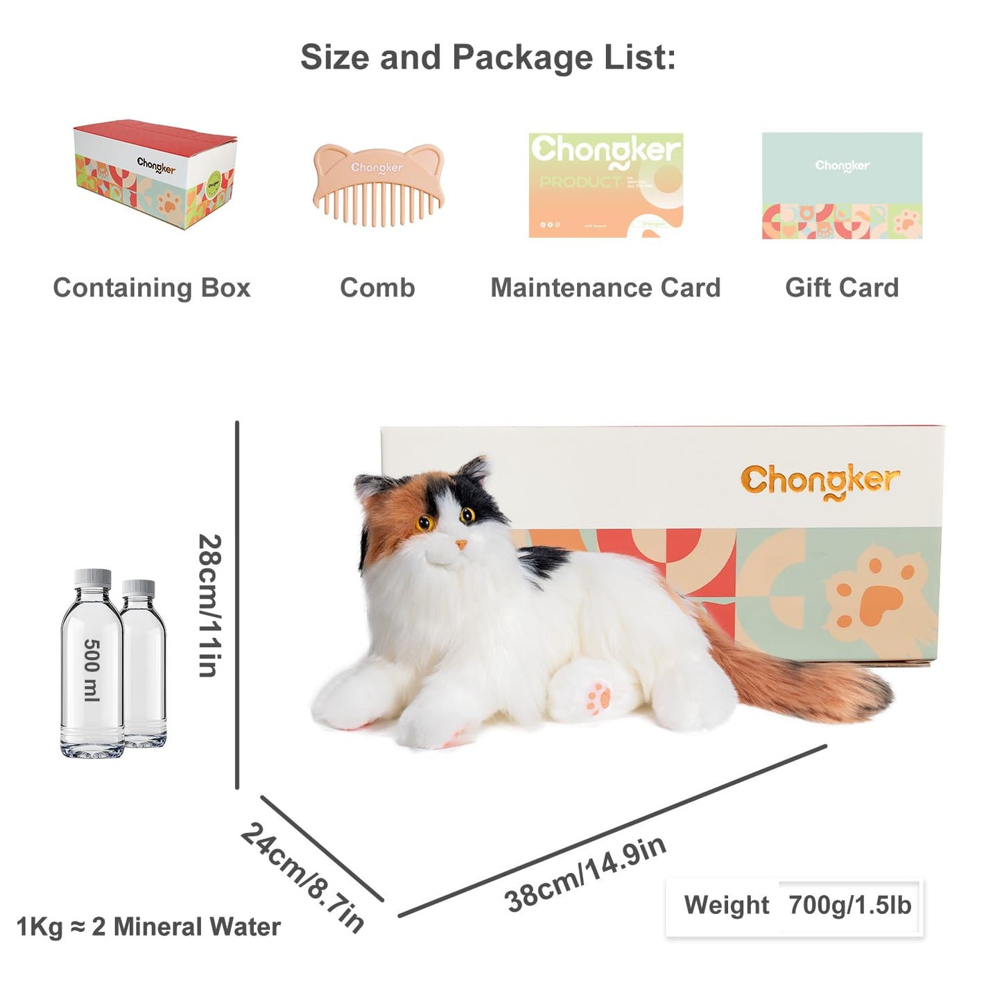 Chongker Interactive Companion Robot Cat, Weighted Breathing Stuffed Animals, Cat Plush Toy with Meow Voice, Breathing, Response, Realistic Heartbeat and Purring (Dark Calico Cat)