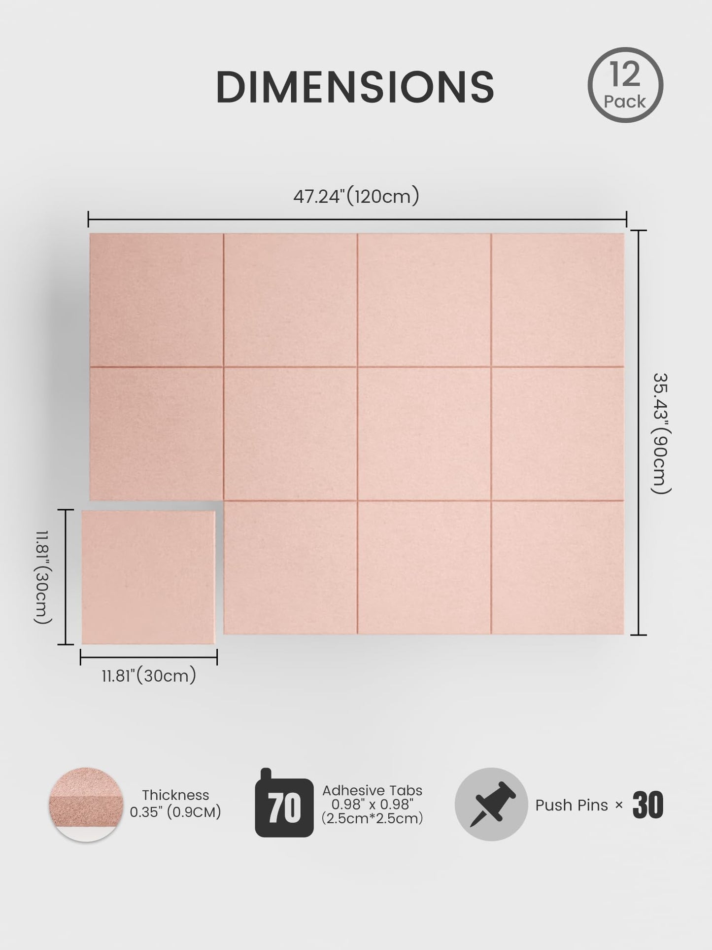 Bumusty Large Cork Board 48" x 36" Alternative - 12 Pack Felt Wall Tiles with 70 Safe Removable Adhesive Tabs, 30 Pushpins, Cork Boards for Walls Pin Board Bulletin Board Office Decor (Pink)