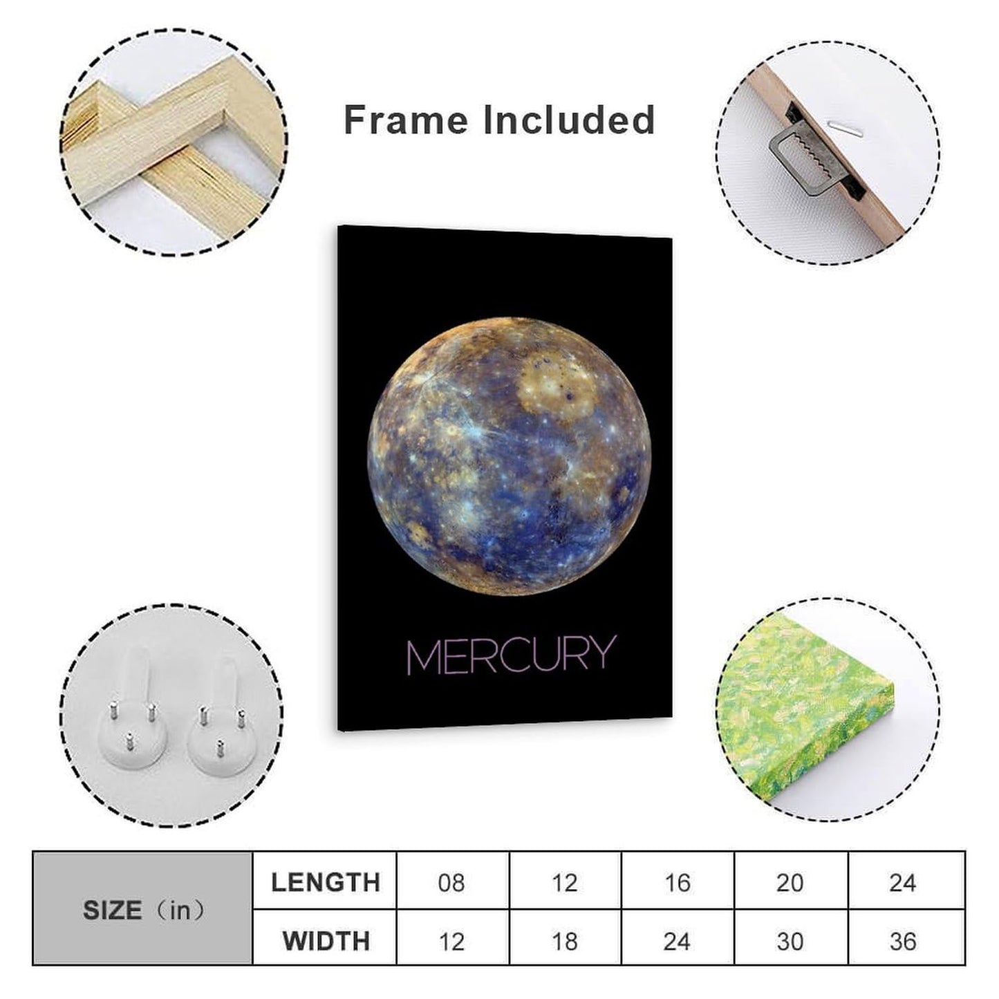 Solar System Planets Canvas Wall Art - Mercury Planet Space Poster for Kids Room Bedroom Classroom, STEM Educational Astronomy Decor, Science Gift for Boys Girls, 16x24 Inch Framed