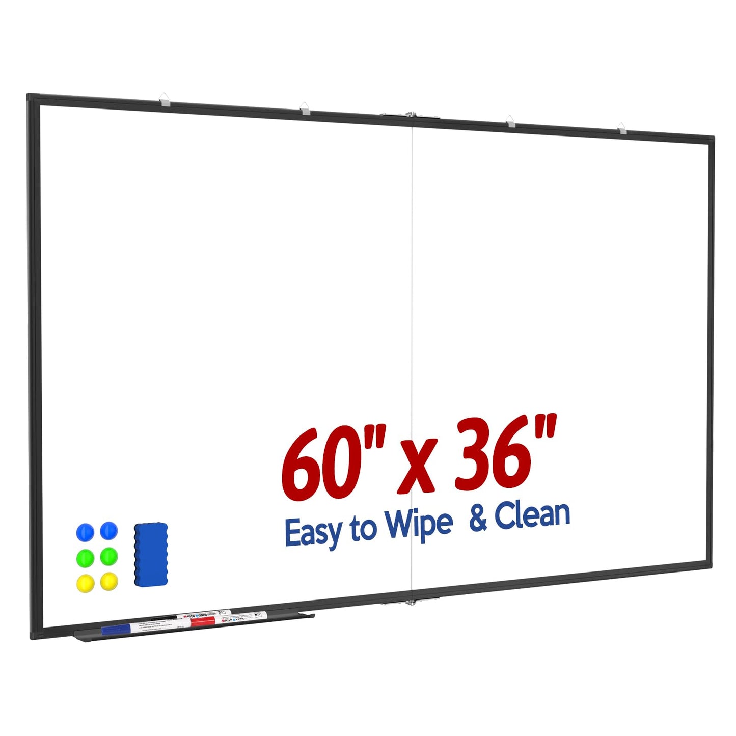Large Magnetic Dry Erase Whiteboard for Wall - Premium Aluminum Frame, Heavy Duty Office Home School White Board with Marker & Eraser (Easy Install, Durable Surface) (White, 60 X 36 Inch, Black)