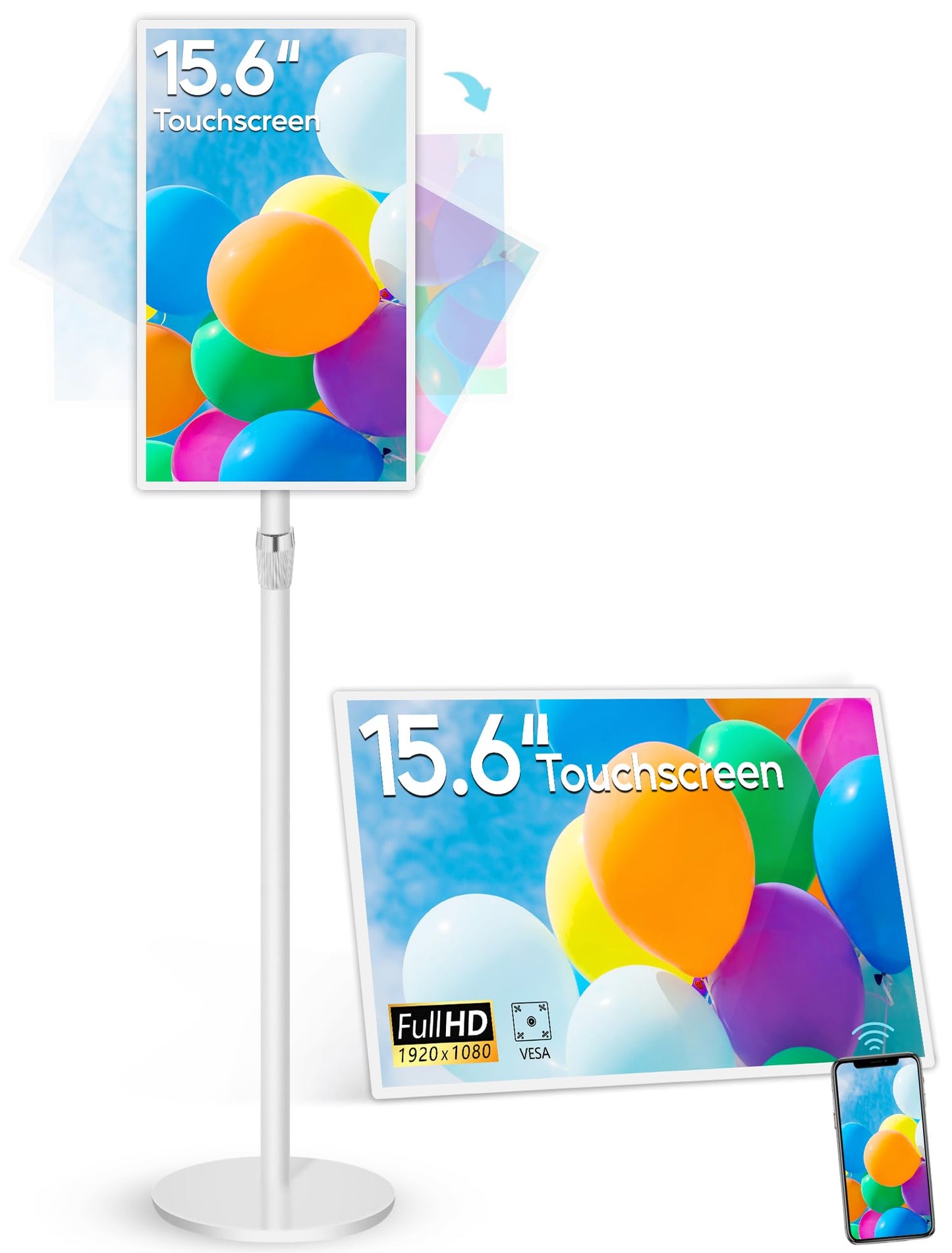 15.6" Digital Signage with 10000mAh Battery, Capacitive Touchscreen Advertising Display, Adjustable Stand, Android 13 Commercial LCD Monitor with Auto Play, Wireless Screen Mirroring, 4+64GB, White