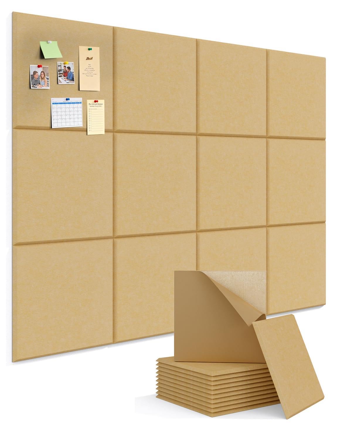 Kuchoow Large Felt Bulletin Cork Board Self-Adhesive Brown Squares Pin Wall Tiles, 48'' x 36'' Vision Tack Panels for Classroom Office Display 12 Pack Corkboard for Kitchen Bedroom Home Decor