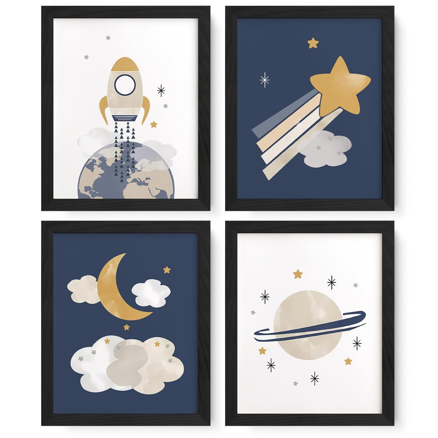 JXREQ Space Nursery Decor for Kids Boys Toddler Room Playroom Nursery Classroom Space Posters Wall Art Prints Set of 4, Cute Wall Decor for Kid Baby Boy Bedroom, 8x10 Inch Unframed