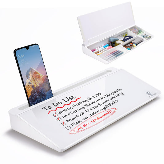 TSJ OFFICE Small Desktop Whiteboard -Glass Dry Erase Board Computer Keyboard Stand White Board Surface Pad with Drawer, Desk Organizers with Accessories for Office, Home, School Supplies - White