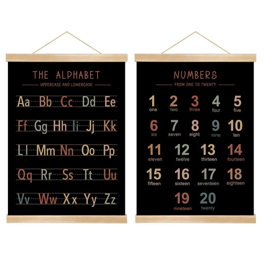 Alphabet and Numbers Chart Wall Art Poster Set of 2 ,Toddlers Educational Canvas Posters,Alphabet and 1-20 Number Learning Banners for Preschool Classroom Nursery Playroom,Kids Room Decor 14x 8.5 Inch (colorful)