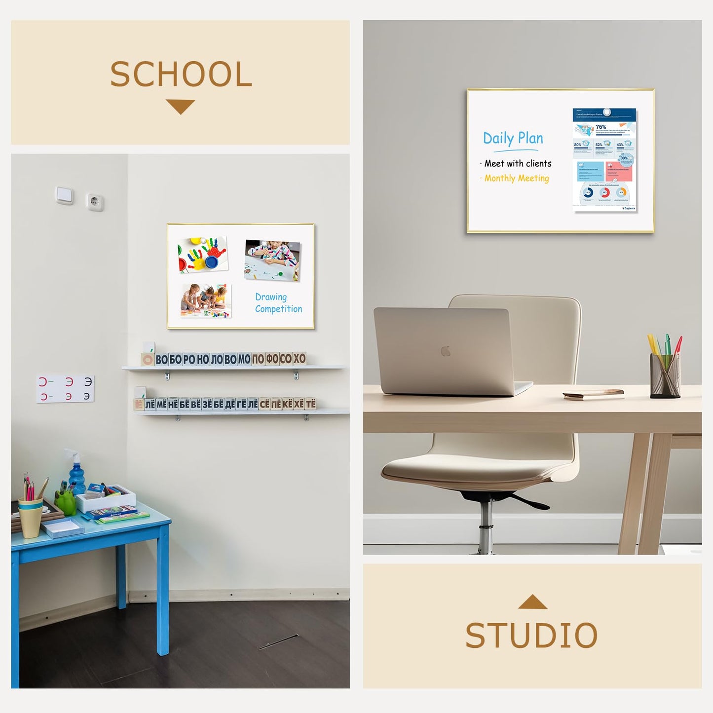 QUEENLINK Magnetic Whiteboard, 24"x18" Gold Aluminum Frame Dry Erase White Board for Wall, Hanging Wipe Board with 6 Magnets, 4 Markers & 1 Eraser for Home, Office, School