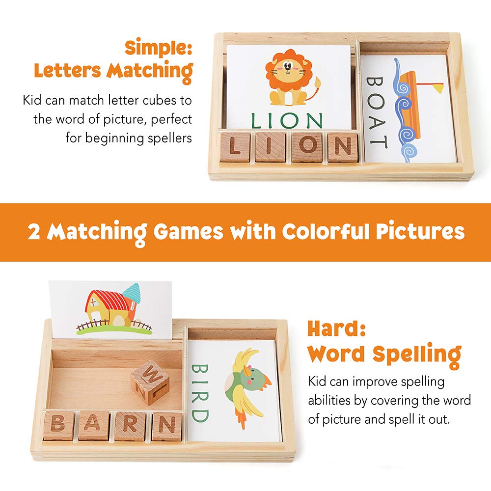 Coogam Spelling Games, Wooden Matching Letters Toy with Flash Cards Words, Montessori ABC Alphabet Learning Educational Puzzle Gift for Preschool Boys Girls Kids Age 3 4 5 Years Old