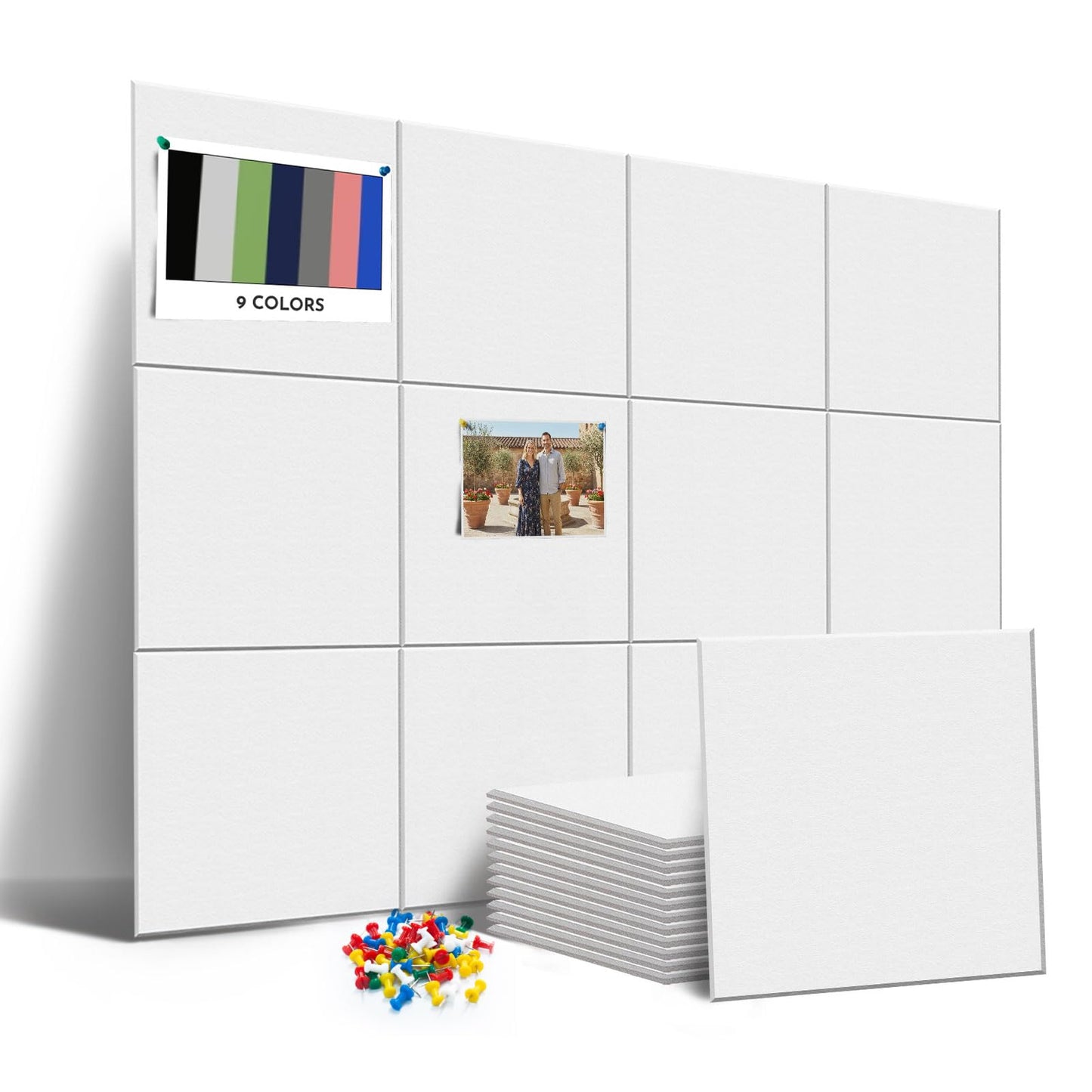 MISSDAY White Acoustic Wall Panel Felt Bulletin Board 48" x 36" Cork Board for Wall, 12-Pack Boards with 72 Removable Adhesive Tabs, 50 Pins, Pin Board for Home Office Classroom Soundproof Wall Tile