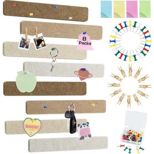 Vuzvuv 8 pcs Bulletin Board Bar Strips with 50 Pushpins & 10 Wooden Clip pins，Self Adhesive Cork Board for Wall，Felt Pin Board for School，Office Decor(Multi-Brown)