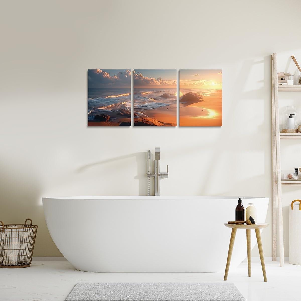Wave Print Canvas Wall Art Set of 3 for Living Room Bedroom, Sunset Scenery Paintings Wall Decor Blue Beach Wall Art Rustic Farmhouse Poster Prints Ocean Sea Wave Decor Artwork Prints