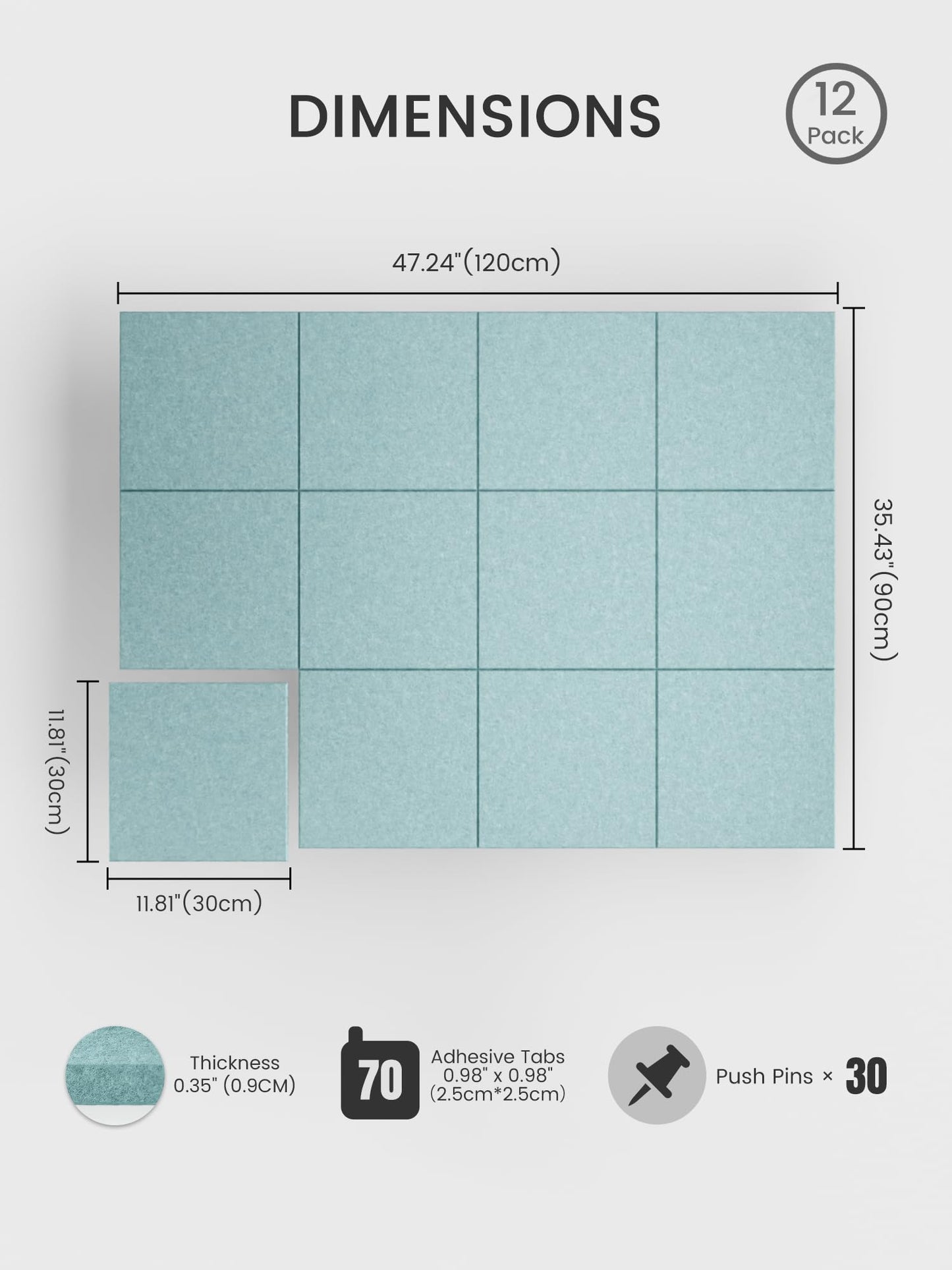 Bumusty Large Cork Board 48" x 36" Alternative - 12 Pack Felt Wall Tiles with 70 Safe Removable Adhesive Tabs, 30 Pushpins, Cork Boards for Walls Pin Board Bulletin Board Office Decor (Aqua Blue)
