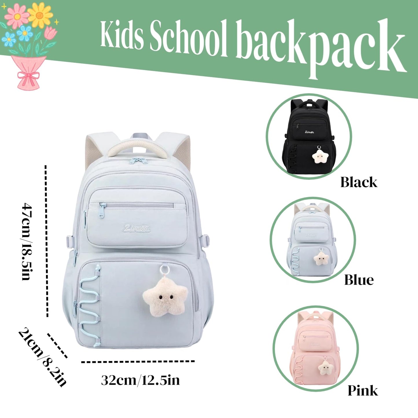 EKUIZAI Girls School Backpack for Kids Middle Elementary School Bag for Students Solid Color Girls Bookbag, Blue