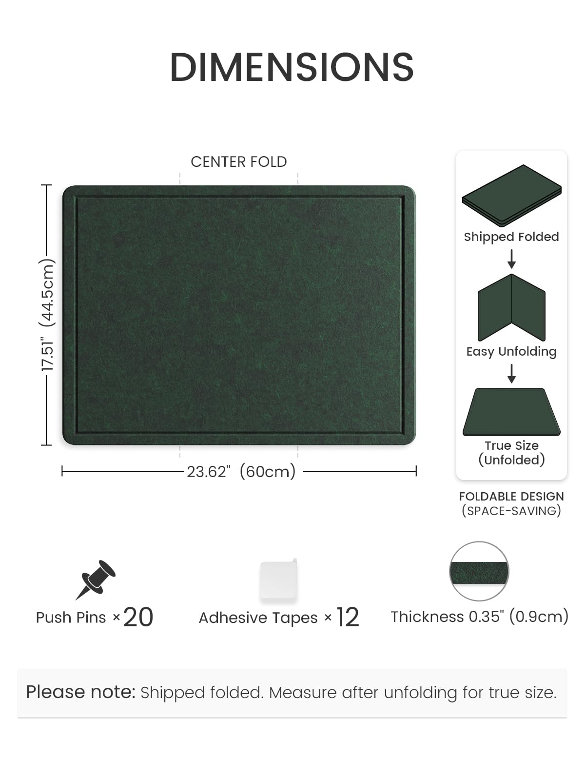 Fluxynara Bulletin Board, 23.6" x 17.5" Cork Board Alternative with 12 Safe Removable Adhesive Tabs, Foldable Felt Pin Board for Home Office, Classroom, Bedroom,Entryway for Walls—Pine Green