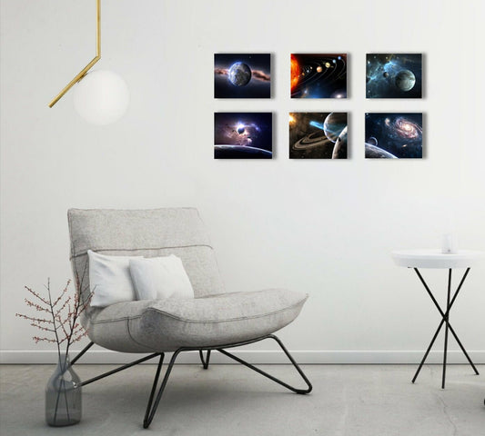 Universe Starry Sky Wall Art Outer Space Planet Wall Art Canvas Decoration Painting，for Bedroom, Lvingroom, Bathroom Decor ，Posters for Kids, Boys or Girls Room ，29x38cmx6pcs，Framed