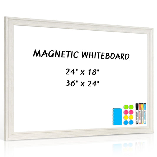 QUEENLINK White Board for Wall, 24'' x 18'' Magnetic Dry Erase Board, Decorative Whiteboard with White Vintage Wooden Frame, Hanging Writing Board for Home Office School Dorm
