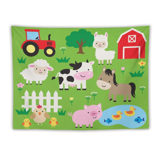 DDCBNS Cute Animal Tapestry, Cartoon Farm Animal Wall Hanging for Baby Kids' Rooms, Green Color, 80" x 60"