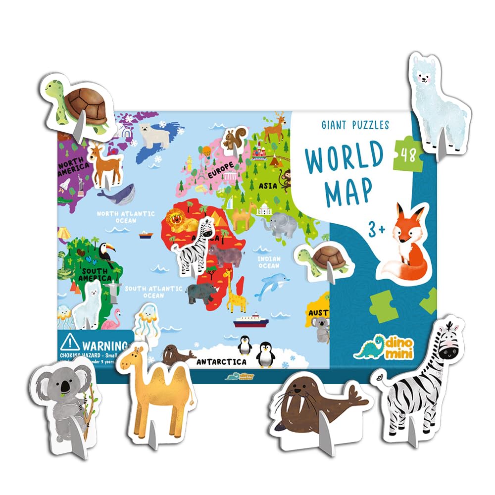 Dinomini Giant World Map Puzzle for Kids - with Interactive Standing Figures - Floor Puzzles for Kids Ages 3-5 - Preschool Learning Activities - Learning & Educational Toys