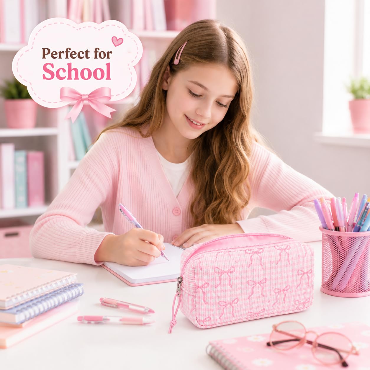 LEDAOU Cute Pencil Case for Kids Girls Boys Pencil Pouch kawaii Pen Pencil Box Bag Holder for School Students (Corduroy Pink Bow Checkered)