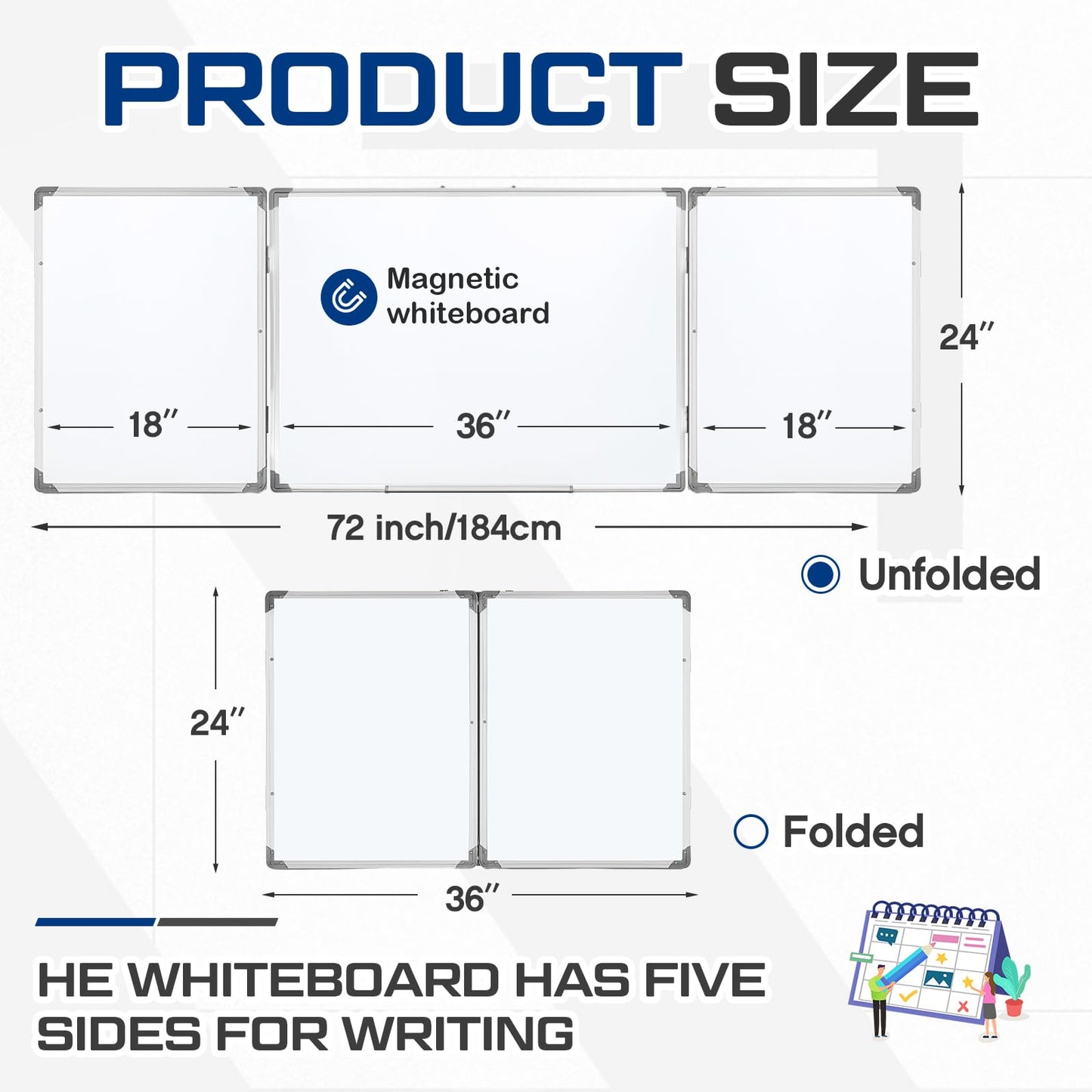 AmazingSpark 72" x 24" Foldable Whiteboard Dry Erase Board Large Tri Folding Whiteboard Magnetic Dry Erase Board, Wall Aluminium Frame and Flip Out Pen Tray for Office, Home