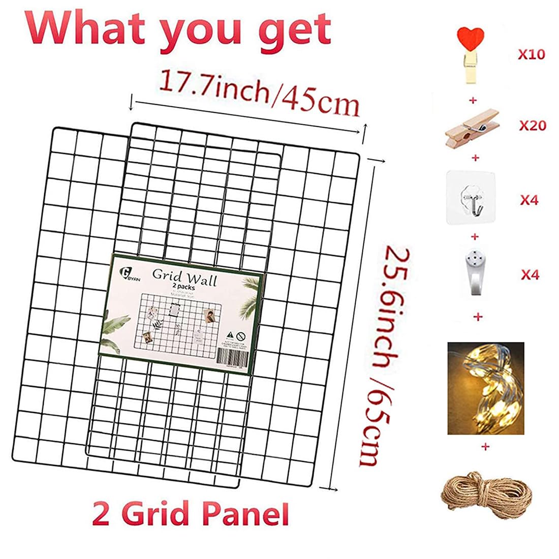 GBYAN 2 Pack Large Wall Grid Panels with Light and Clips, Photo Display Board, Picture Frame Collage Board, Wire Grid Wall Panel Room Decoration,Black