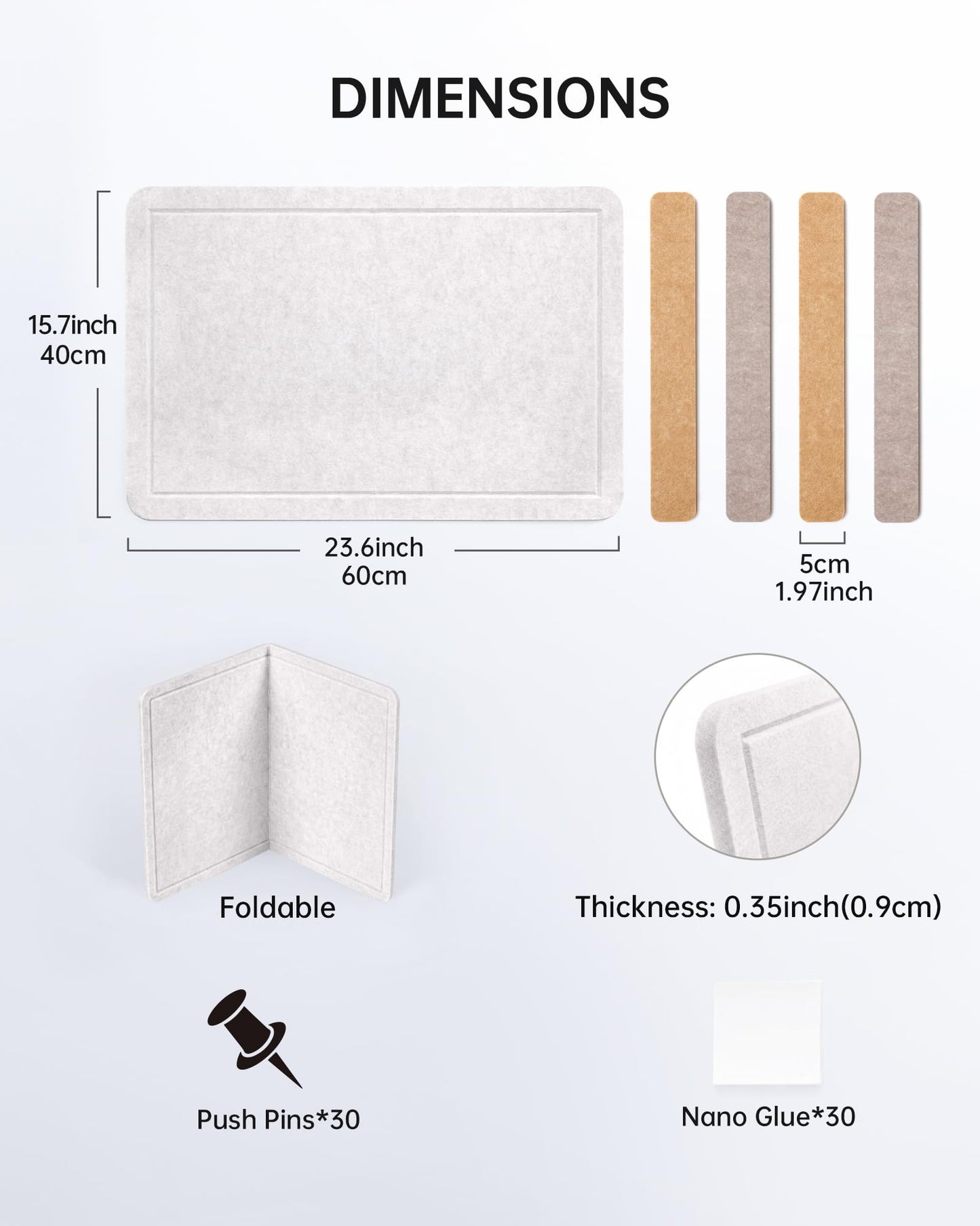 Small Felt Bulletin Board and 4 pcs Bar Strips Set, 24"X16" Cork Board Alternative with Removable Adhesive Tabs, 30 Push Pins for Office, Classroom, Bedroom, Walls Decorations - Oatmeal