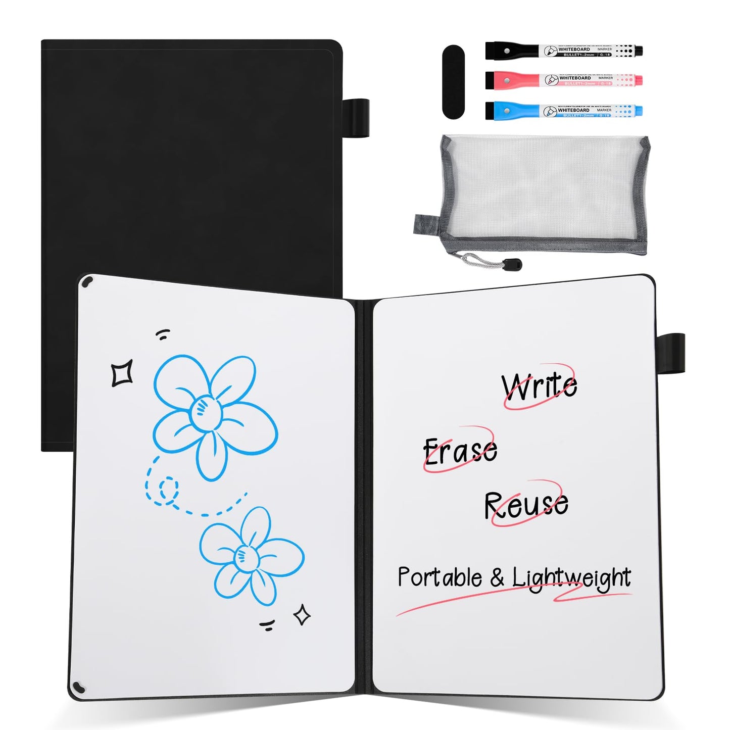 AGM Portable White Board Dry Erase Notebook, 8.4" x 6" Double Sided Folding Whiteboards with 3 Pens, Small Travel Dry Erase Board Skin-Friendly Material for Study, Meeting, Planning, Dark