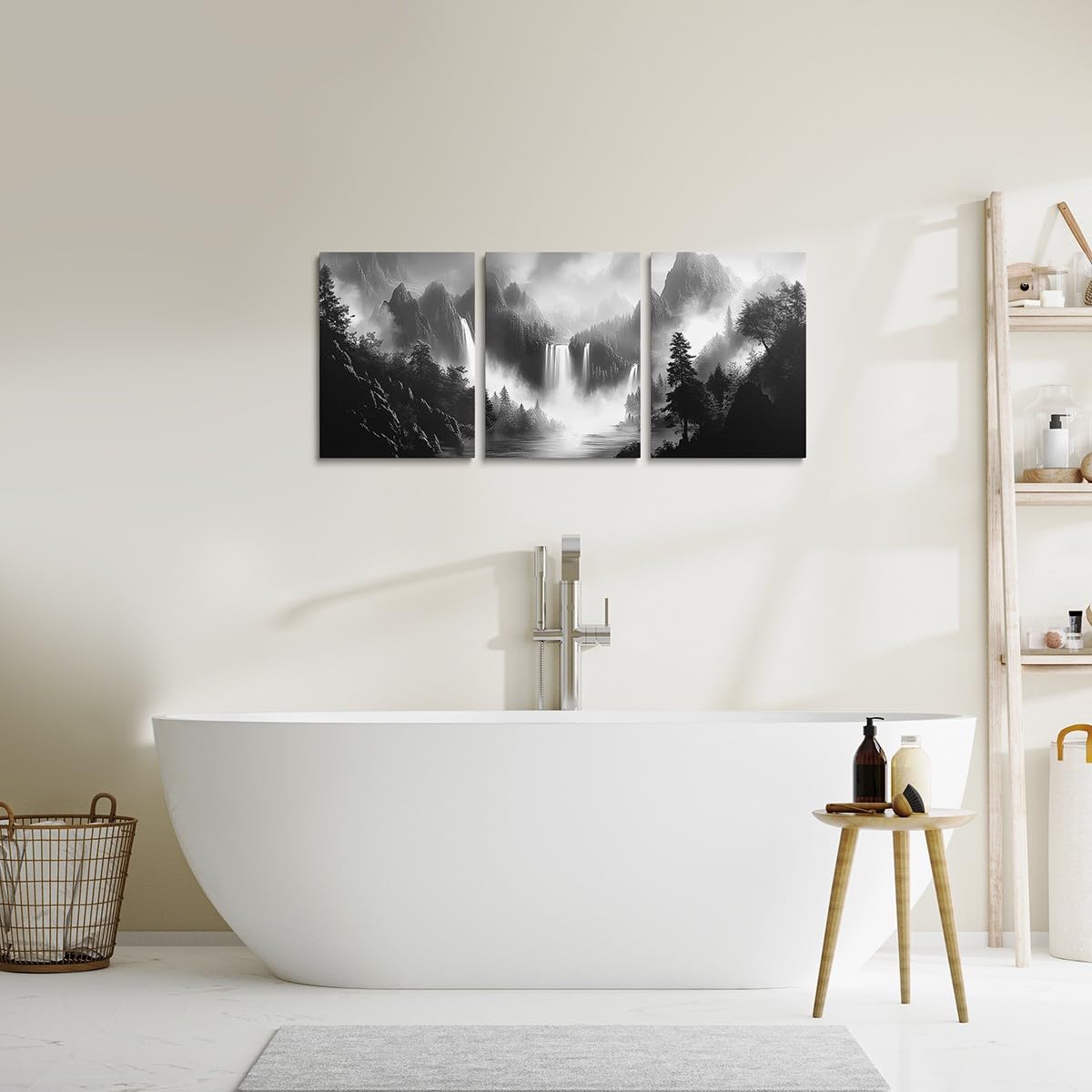 jejeloiu Smoky Mountain Canvas Wall Art for Living Room Bedroom 12"x16"x3pcs Black White Picture Wall Decor for Bathroom Waterfall Tree Office Decorations Artwork Posters Nature Scene Painting